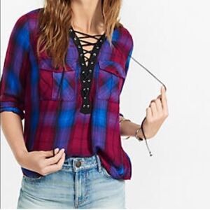 Express Plaid Lace Up Tunic Blouse Blue Pink NEW DEFECT
